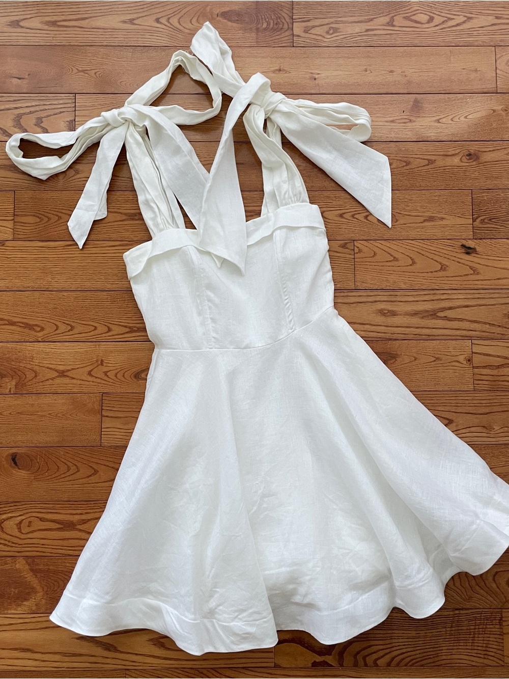 DISSH Aisle White 100% Linen Bow Square Neck Mini Dress